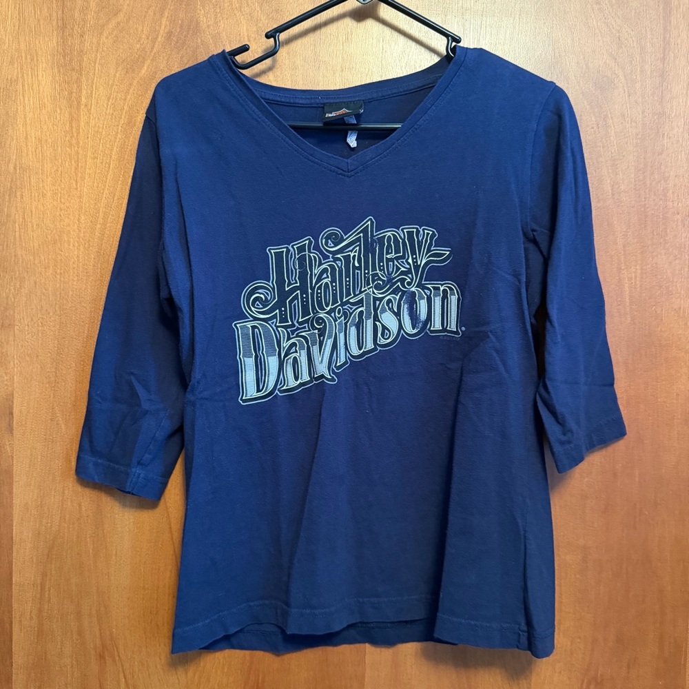 Harley Davidson 3/4 Sleeve Navy Shirt Vneck Small